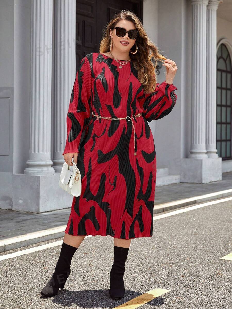SHEIN Privé Plus Rochie cu imprimeu peste tot Fara Curea - roșu - Vizualizare 1