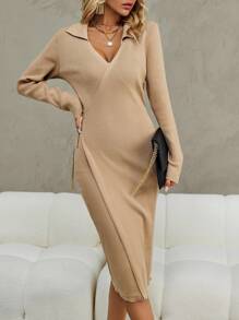 SHEIN Clasi Vestido de punto unicolor cruzado con nudo lateral tejido de canalé - Gris - Ver 5