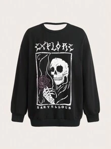 ROMWE PUNK Skull & Floral Print Drop Shoulder Sweatshirt - Black - View 1