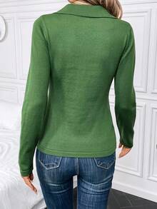 SHEIN Clasi 素色紐扣細節條紋針織套頭毛衣 - 綠色 - 查看 2