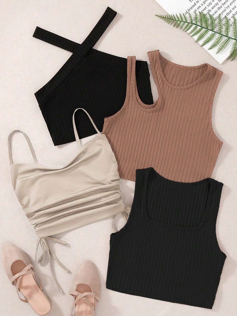 SHEIN Unity 4入組實心條紋針織上衣，適用於約會、派對等場合