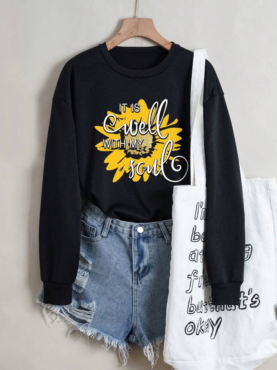 SHEIN Unity 向日葵和標語圖案加絨內裏運動衫