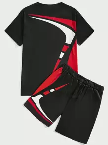Manfinity RelaxMax 男士撞色T恤和短褲 - 黑色 - 查看 2