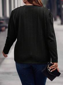 Calvaya 大碼紐扣細節泡泡袖T恤 - 黑色 - 查看 2