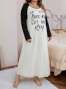 大碼標語圖案拼接插肩袖睡裙 - 杏色 - 查看 6