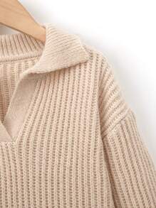 SHEIN Tween Girls Ribbed Knit Drop Shoulder Sweater - Khaki - View 3