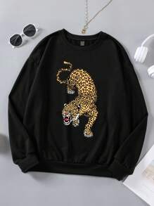 Slaydiva 女士宽松超大落肩虎纹豹纹卫衣 - 黑色 - 查看 1