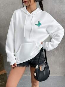 SHEIN EZwear 蝴蝶和字母圖案落肩袖連帽衫 - 白色 - 查看 4