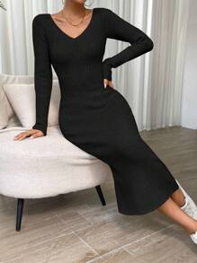 Chiquease 素色條紋針織緊身毛衣洋裝 - 黑色 - 查看 6