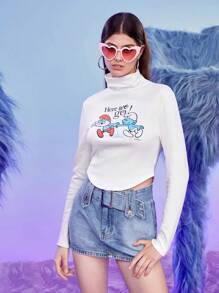 SHEIN X The Smurfs Cartoon Graphic High Neck Tee - White - View 3