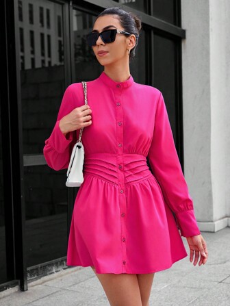 SHEIN Privé 素色前紐扣抽褶腰襯衫洋裝