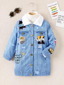 SHEIN Young Girl 1pc Letter Graphic Borg Collar Denim Effect Coat - Blue - View 5
