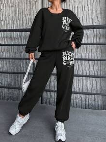 SHEIN PETITE Slogan Grafik Nedhasade aclar Sweatshirt & Mjukisbyxor - Svart - Visa 1