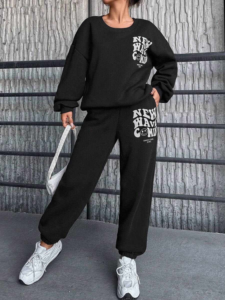 SHEIN PETITE Slogan Grafik Nedhasade aclar Sweatshirt & Mjukisbyxor - Svart - Visa 1