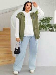SHEIN EZwear Plus Letter Patched Flap Pocket Drawstring Hem Vest Jacket Without Hoodie