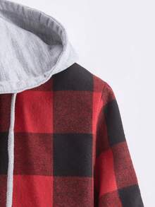 Hombres Camisa con estampado de guingán con cordón con capucha - Rojo - Ver 3