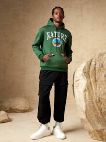 In My Nature 男士字母圖案袋鼠口袋抽繩連帽衫 - 綠色 - 查看 3