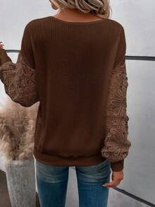 SHEIN LUNE Contrast Guipure Lace Drop Shoulder Sweatshirt - Brown - View 2