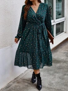 Calvaya 大碼滿版印花喇叭袖荷葉邊繫腰帶洋裝 - 墨綠色 - 查看 5