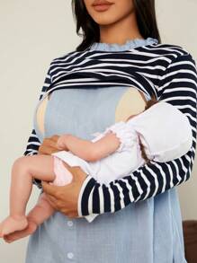 MaterniWear Maternity Striped Print 2 In 1 Nursing Top With Long Sleeve - Navy Blue - View 5