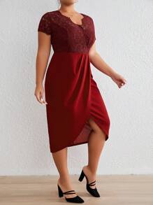 SHEIN Frenchy Plus Contrast Lace Wrap Hem Dress - Burgundy - View 3