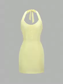 SHEIN Unity Chất rắn Nút phía trước Halter Neck Không lưng Đầm - Màu vàng - Xem 1