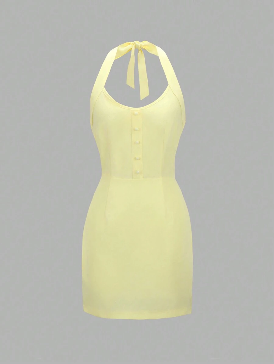SHEIN Unity Chất rắn Nút phía trước Halter Neck Không lưng Đầm - Màu vàng - Xem 1
