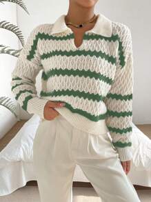 Chiquease Striped Pattern Drop Shoulder Pointelle Knit Sweater Knit Pullover Fall Winter Outfit - Green - View 5