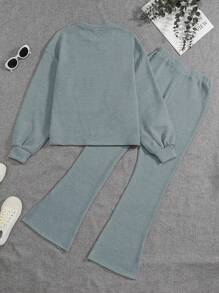 Teen Girl Letter Patched Drop Shoulder Tee & Pants - Baby Blue - View 2