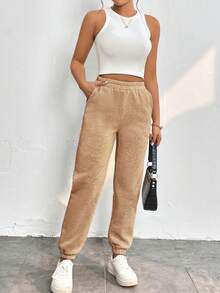 SHEIN PETITE Chất rắn Xiên Eo đàn hồi Túi Quần thể thao - Cà phê nâu - Xem 6