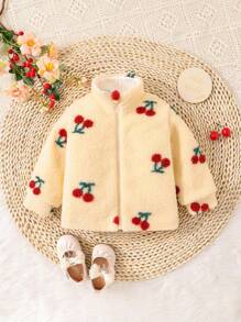 Baby Girl Cherry Pattern Zip Up Teddy Coat - Apricot - View 1