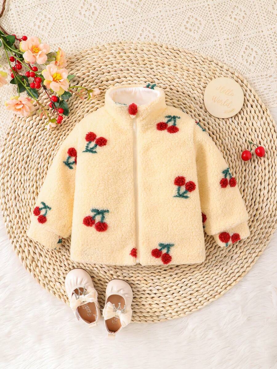 Baby Girl Cherry Pattern Zip Up Teddy Coat - Apricot - View 1