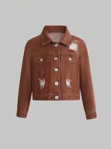 Young Boy Ripped Frayed Denim Jacket - Brown - View 1