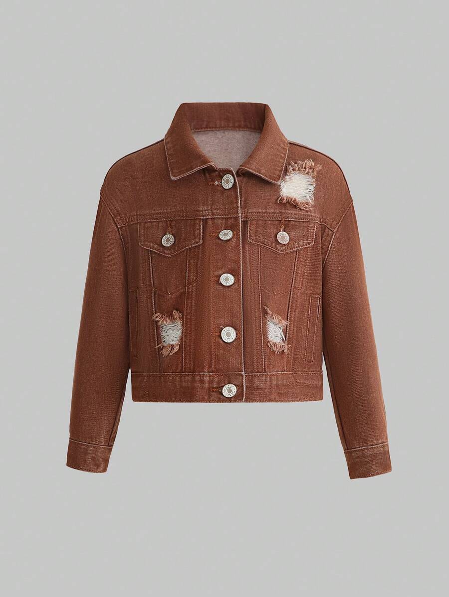 Young Boy Ripped Frayed Denim Jacket - Brown - View 1