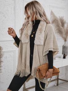 SHEIN Clasi Fuzzy Collar Fringe Trim Batwing Sleeve Duster Cardigan - Khaki - View 5