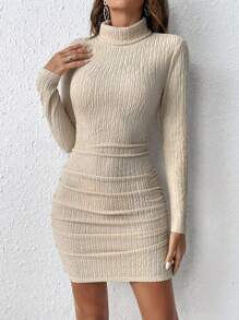 SHEIN Frenchy Turtleneck Ruched Side Bodycon Dress - Apricot - View 4