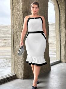 SHEIN Privé Plus Contrast Trim Ruffle Hem Cami Dress - Black and White - View 6