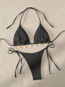 SHEIN Swim 夏季沙灘貝殼裝飾三角比基尼套裝 - 黑色 - 查看 2