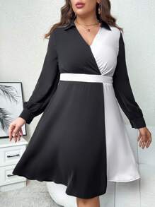 SHEIN Clasi Talla grande Vestido de dos tonos de cuello cruzado de manga farol