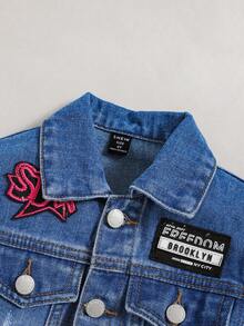 SHEIN Young Boy 1pc Letter Patched Detail Denim Jacket - Dark Wash - View 5