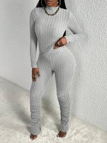 Slaydiva Slayr Casual Home Small Turtleneck Long-Sleeved Rib Knitted T-Shirt And Slit Pleated Trousers Grey Brushed Ribbeds Women's Bodycon Two-Piece Set - Light Grey - View 8