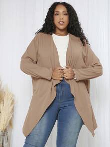 SHEIN CURVE+ 大码瀑布领开衫 - 卡其色 - 查看 7