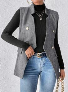 SHEIN Frenchy Women's Elegant Sleeveless Asymmetric Hem Double-Breasted Overcoat Winter - Dark Grey - View 3