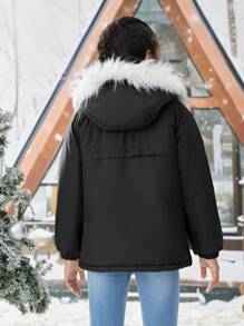 SHEIN Tween Girl's Woven Patch Pocket Hand-Stuffed Thickened Hooded Jacket,In Fall/Winter