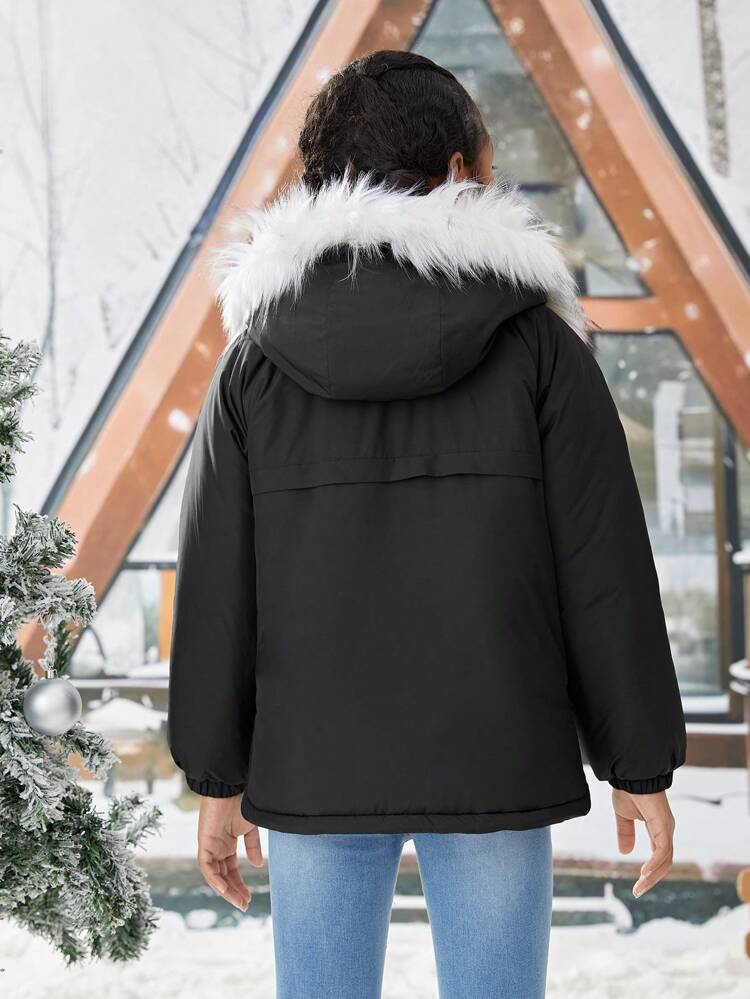 Tween Girl's Woven Patch Pocket Hand-Stuffed Thickened Hooded Jacket,In Fall/Winter