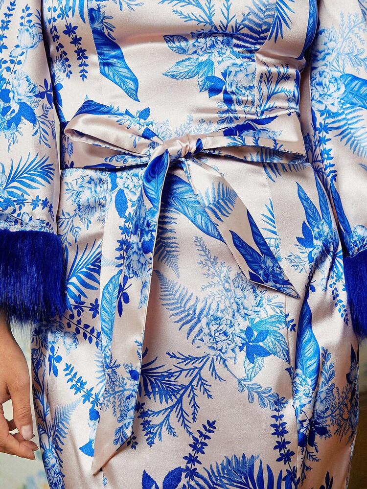 Floral Print Fuzzy Cuff Belted Satin Dress
