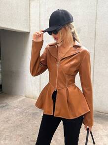 Aveloria Zip Up Peplum PU Jacket Fall Cloth For Women - Champagne - View 4