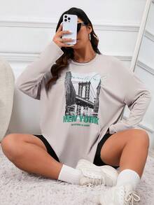 SHEIN EZwear Plus Building & Slogan Graphic Drop Shoulder Tee - Apricot - View 5