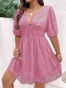 Flirla Plus Knot Front Puff Sleeve Dress - Dusty Pink - View 5