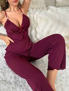 Contrast Lace Lettuce Trim Cami Top & Pants PJ Set - Purple - View 5